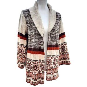 Vintage 70s Fair Isle Cardigan Sweater Shawl Collar Open Beige Brown Rust Intars